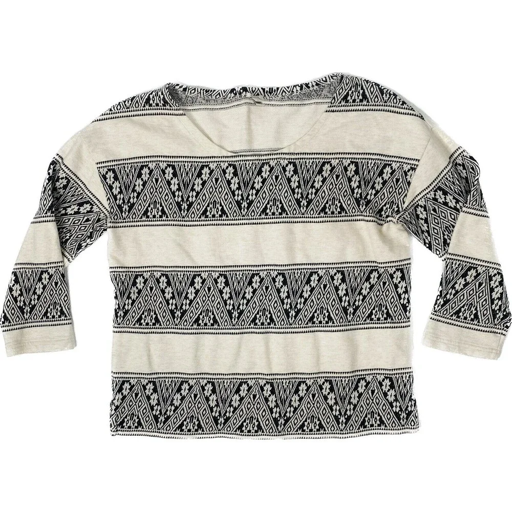 J Crew Sz Small Black Cream Graphic 3/4 Sleeve Sweatshirt - Picture 1 of 9